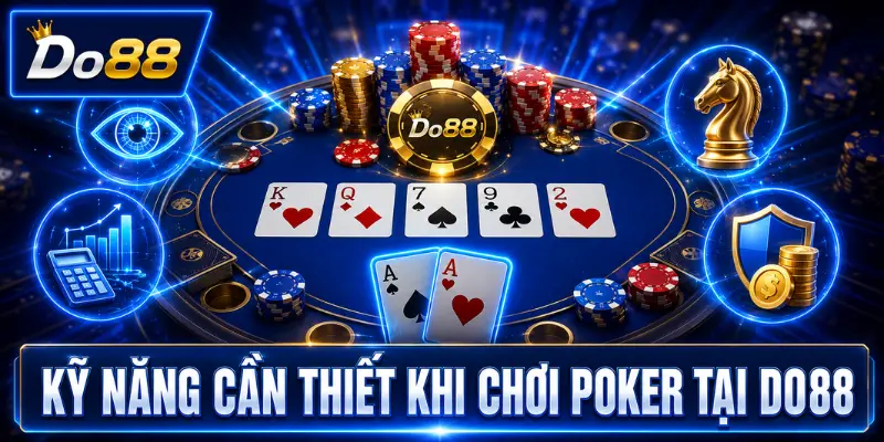 Các kỹ năng cần thiết khi chơi Poker tại DO88 gồm quan sát đối thủ, phân tích xác suất, quản lý vốn và xây dựng chiến thuật.