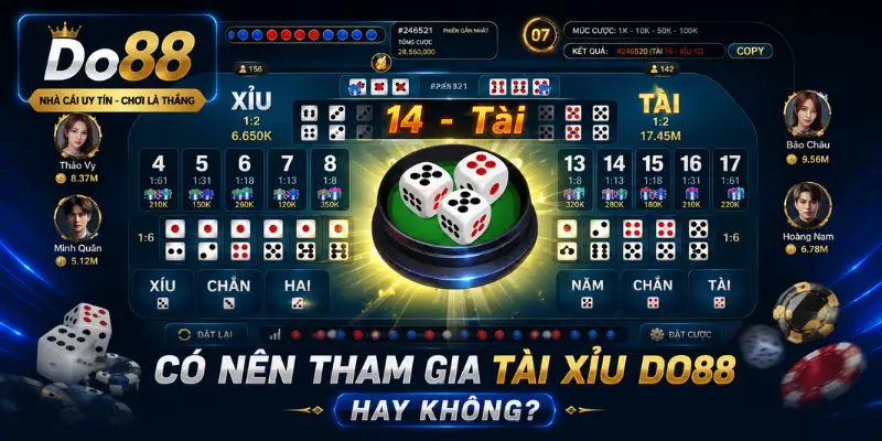 Tìm hiểu có nên tham gia Tài Xỉu DO88 với giao diện hiện đại, kết quả minh bạch, tỷ lệ cược hấp dẫn, tốc độ xử lý nhanh và hỗ trợ người chơi 24/7.