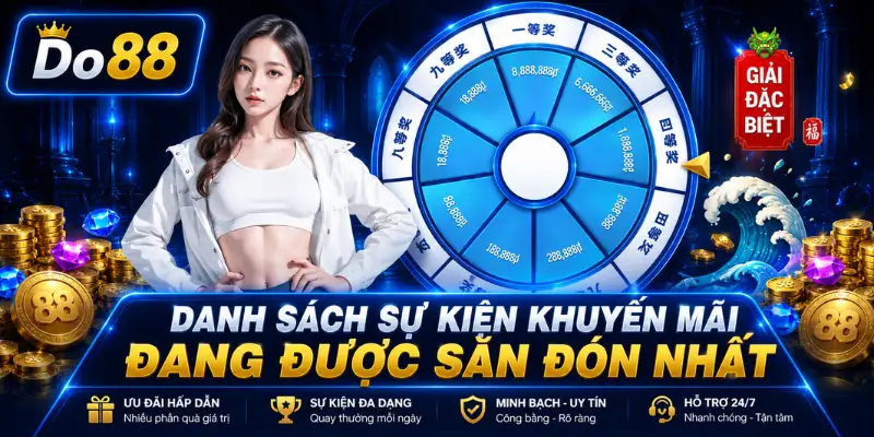 Khám phá các sự kiện khuyến mãi DO88 với nhiều ưu đãi hấp dẫn, vòng quay may mắn, thưởng giá trị, điều kiện minh bạch và cơ hội nhận quà dành cho thành viên.