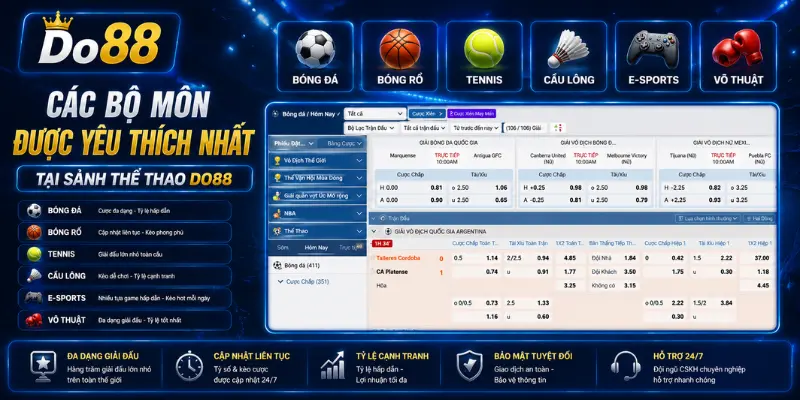 Khám phá các bộ môn nổi bật tại Sảnh Thể Thao DO88 với bóng đá, bóng rổ, tennis, cầu lông, eSports và võ thuật, cập nhật kèo cược liên tục cùng tỷ lệ hấp dẫn.