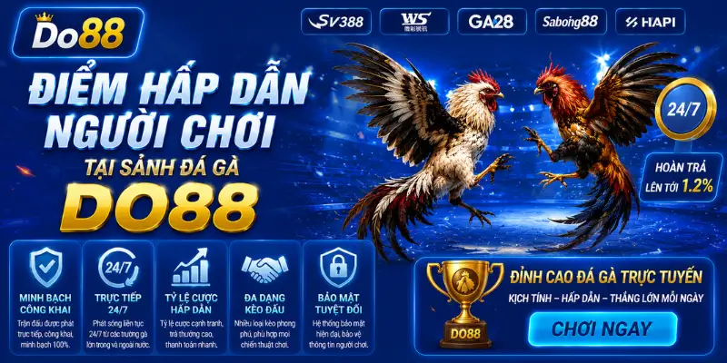 Điểm Hấp Dẫn Của Sảnh Đá Gà DO88 - Cá Cược Trực Tuyến Uy Tín 2026 Sảnh Đá Gà DO88 nổi bật với các trận đấu trực tiếp chất lượng cao, tỷ lệ cược cạnh tranh, phát sóng ổn định, giao dịch an toàn và hỗ trợ người chơi 24/7.