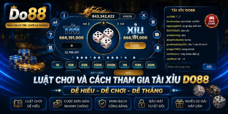 Tìm hiểu luật chơi Tài Xỉu DO88 với hướng dẫn chi tiết, cách đặt cược, kết quả minh bạch, giao diện hiện đại và trải nghiệm cá cược trực tuyến an toàn.