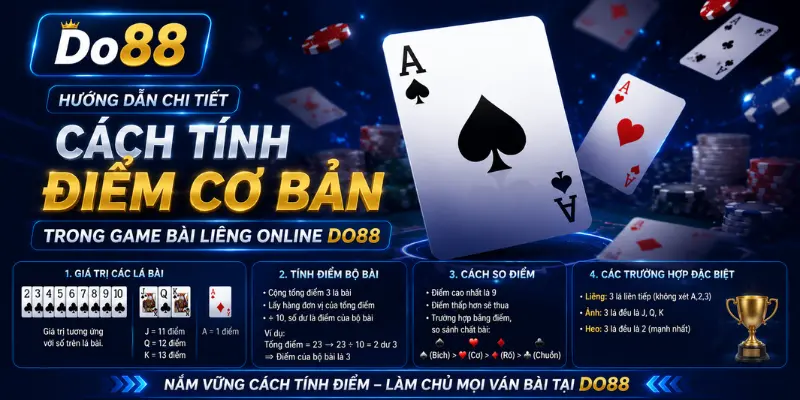 Hướng dẫn cách tính điểm Game Bài Liêng Online DO88 chi tiết, dễ hiểu với quy tắc tính bài, so điểm và các trường hợp đặc biệt dành cho người mới.