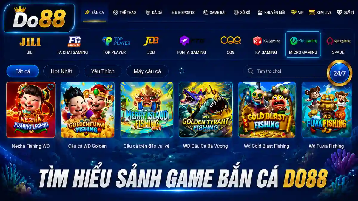 Khám phá sảnh Bắn Cá DO88 với hàng trăm game săn cá đổi thưởng từ các nhà cung cấp uy tín, đồ họa sắc nét, Boss đa dạng, Jackpot hấp dẫn và trải nghiệm mượt mà.
