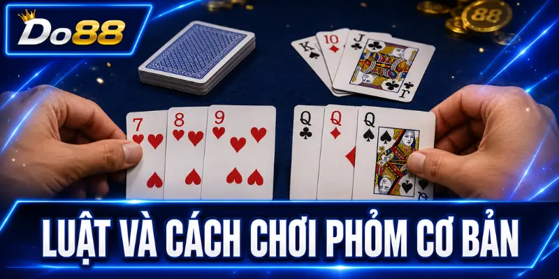 Luật và cách chơi Phỏm cơ bản tại DO88, minh họa các bộ bài sảnh, phỏm và lá bài được sử dụng trong ván đấu.