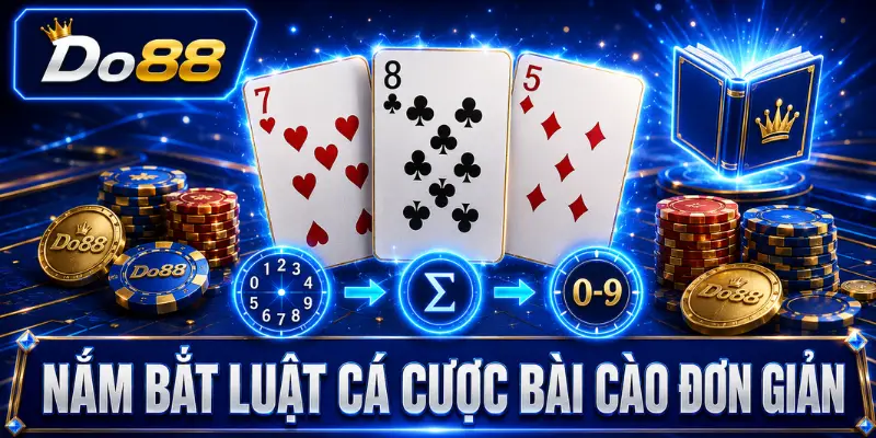 Luật cá cược bài Cào tại DO88 với ba lá bài, cách tính tổng điểm và xác định kết quả từ 0 đến 9.