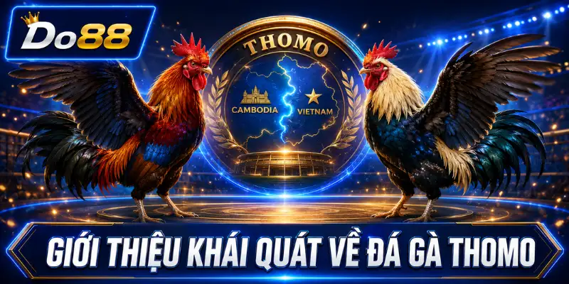 Giới thiệu khái quát về đá gà Thomo tại DO88 với hình ảnh hai chiến kê và biểu tượng khu vực biên giới Campuchia – Việt Nam.