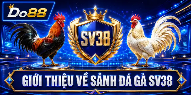 Giới thiệu về sảnh đá gà SV38 tại DO88 với hình ảnh hai chiến kê trong không gian trường đấu trực tuyến.