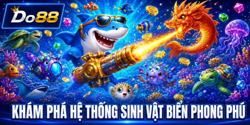 Khám phá hệ thống sinh vật biển trong Bắn Cá Vui DO88 Khám phá hệ thống sinh vật biển phong phú trong game Bắn Cá Vui DO88 với cá mập, rồng biển và nhiều loài cá đầy màu sắc.