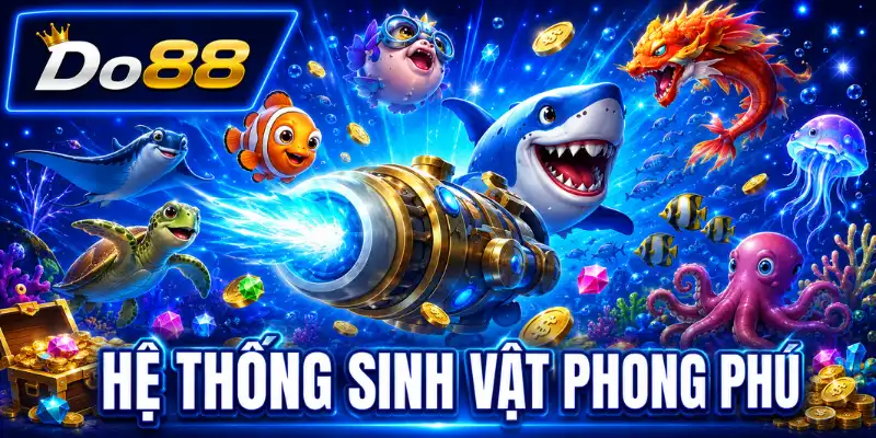 Hệ thống sinh vật phong phú trong game bắn cá đổi thẻ cào trực tuyến DO88 với cá mập, rồng biển, rùa, sứa và nhiều loài cá.