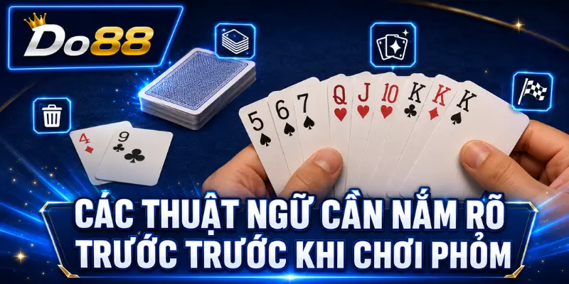 Các thuật ngữ cần nắm rõ trước khi chơi Phỏm tại DO88, minh họa bộ bài, bài trên tay và giao diện trò chơi.