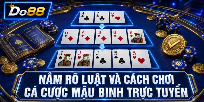 Luật và cách chơi cá cược Mậu Binh trực tuyến tại DO88 với 13 lá bài được sắp xếp thành ba chi hợp lệ.
