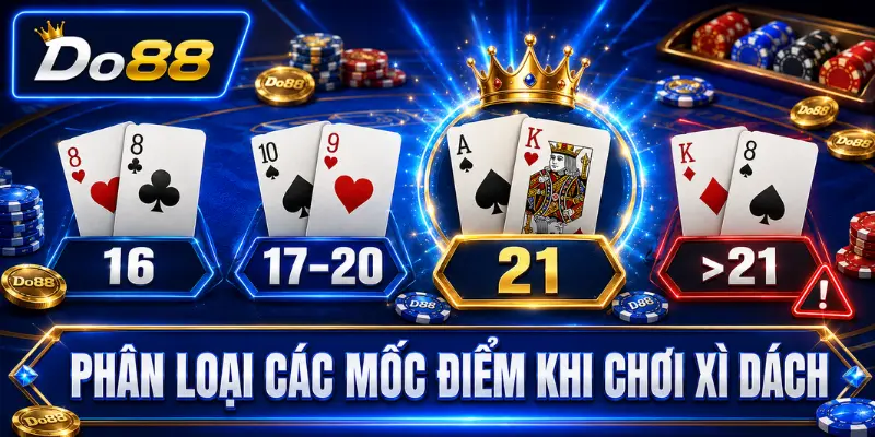 Phân loại các mốc điểm khi chơi Xì Dách tại DO88 gồm 16 điểm, 17–20 điểm, 21 điểm và trường hợp vượt quá 21.
