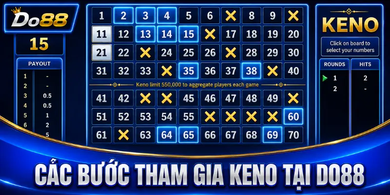 Các bước tham gia Keno tại DO88 gồm chọn dãy số, thiết lập số vòng quay và theo dõi kết quả trên bảng trực tuyến.