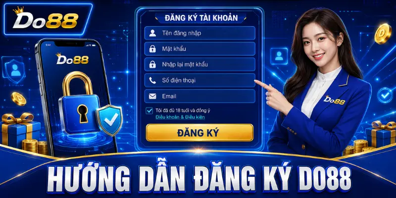 Hướng dẫn đăng ký tài khoản DO88 với biểu mẫu nhập tên đăng nhập, mật khẩu, số điện thoại, email và xác nhận điều khoản.