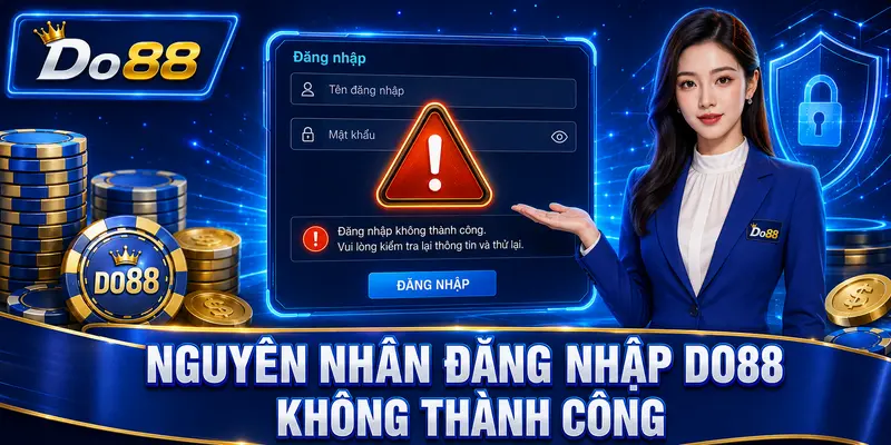 Nguyên nhân đăng nhập DO88 không thành công do sai tài khoản, mật khẩu, đường truyền mạng hoặc hệ thống đang bảo trì.