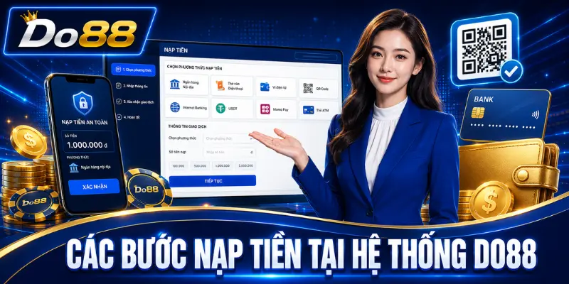 Các bước nạp tiền tại hệ thống DO88 bằng chuyển khoản ngân hàng, mã QR và những phương thức thanh toán được hỗ trợ.