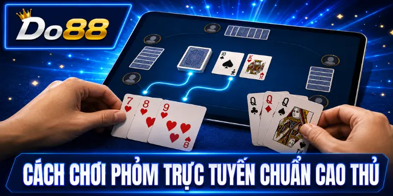 Cách chơi Phỏm trực tuyến chuẩn cao thủ tại DO88, minh họa người chơi sắp xếp bài và tham gia ván đấu trên máy tính bảng.